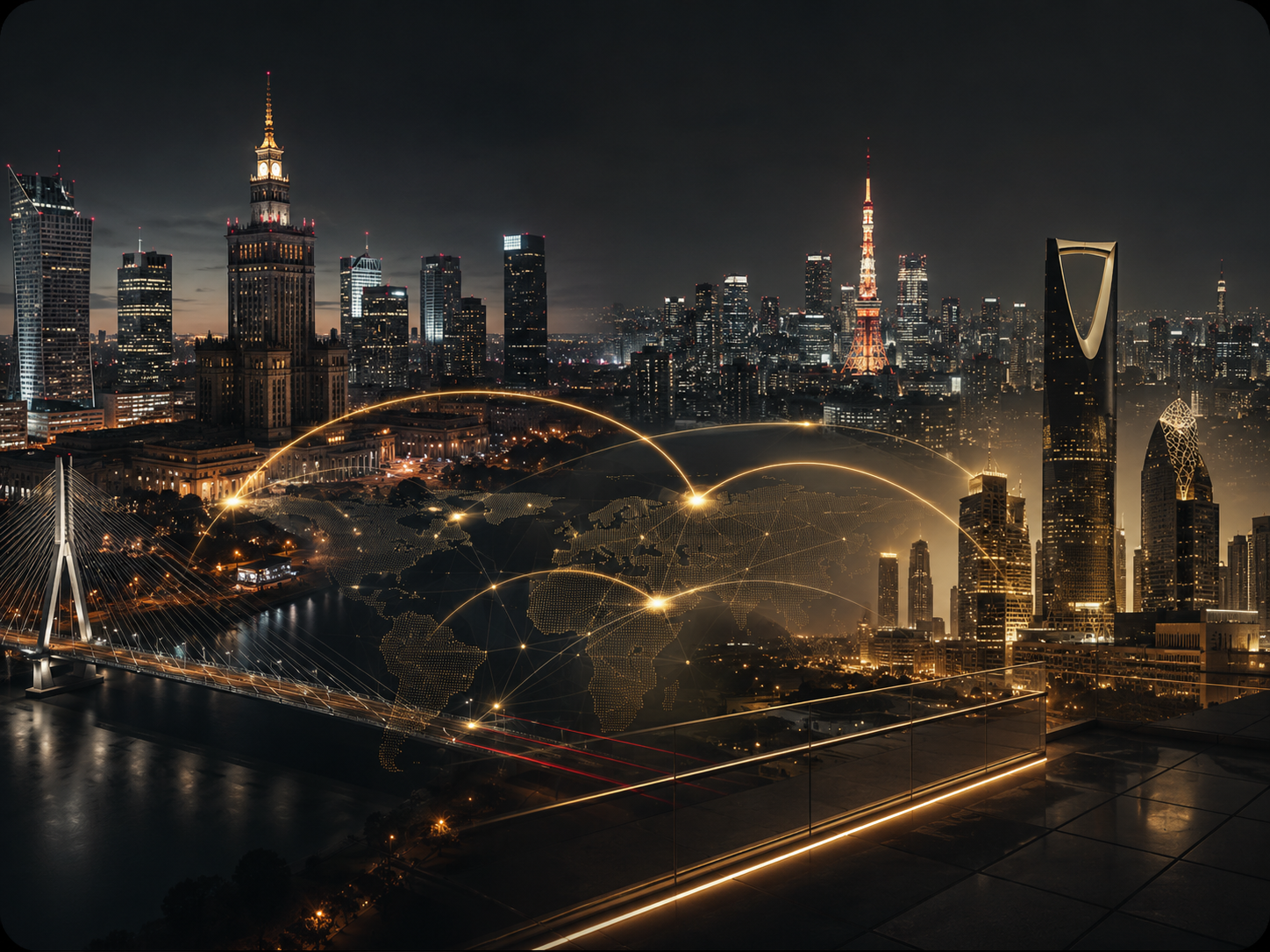 Global business bridge visual connecting Europe, Japan and Gulf markets
